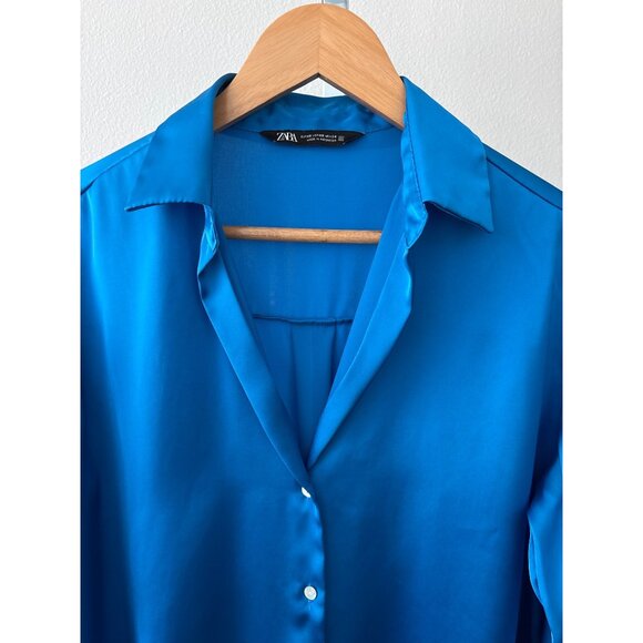 Zara Button Down Blouse Size XSmall Cobalt Blue Satin Corporate Core Polished - Picture 10 of 16